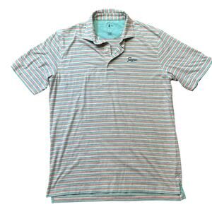 Johnnie O Striped Performance Polo Pink Green TPC Sawgrass Golf Logo Men's Large